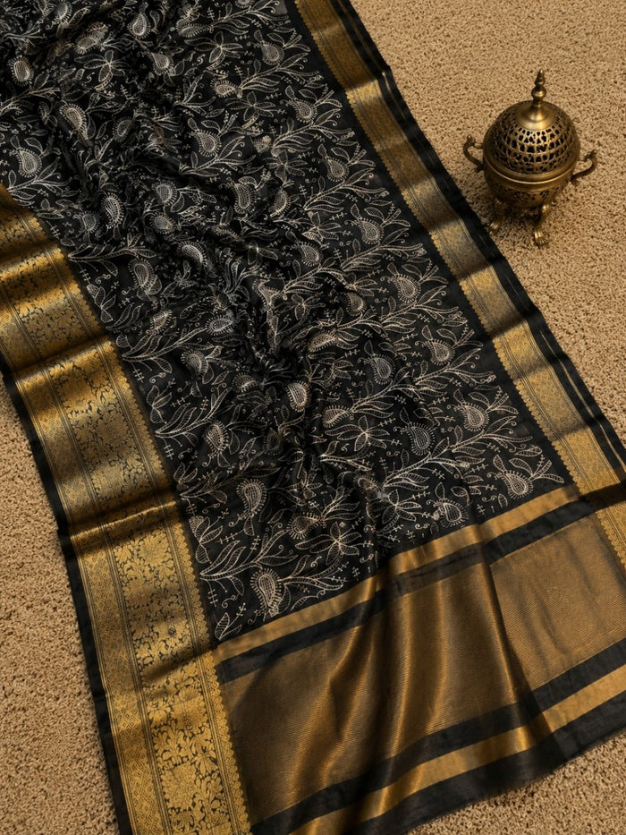 Indiehaat | Black Organza Silk Saree | Embroidery