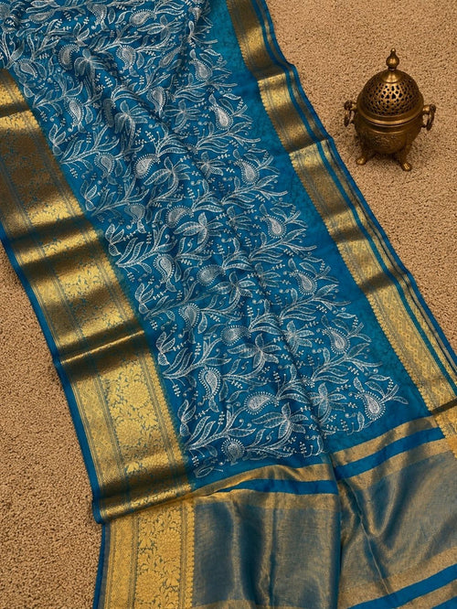 Indiehaat | Blue Organza Silk Saree | Embroidery