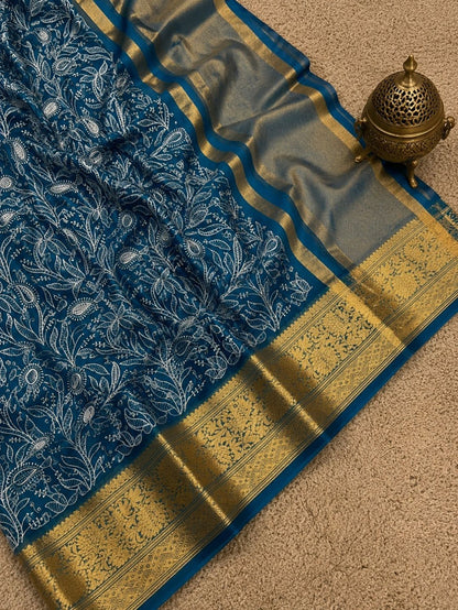 Indiehaat | Blue Organza Silk Saree | Embroidery