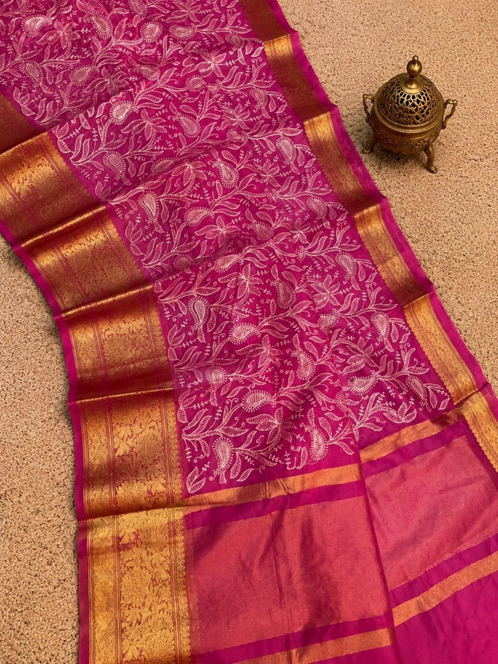 Indiehaat | Pink Organza Silk Saree | Embroidery