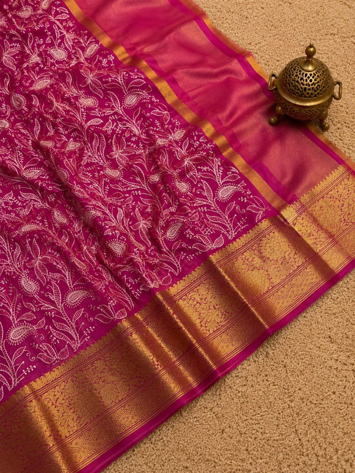 Indiehaat | Pink Organza Silk Saree | Embroidery