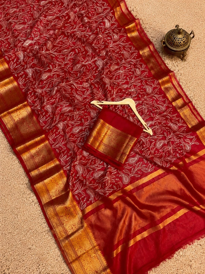 Indiehaat | Red Organza Silk Saree | Embroidery