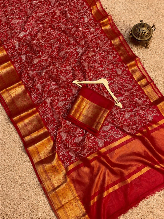 Indiehaat | Red Organza Silk Saree | Embroidery