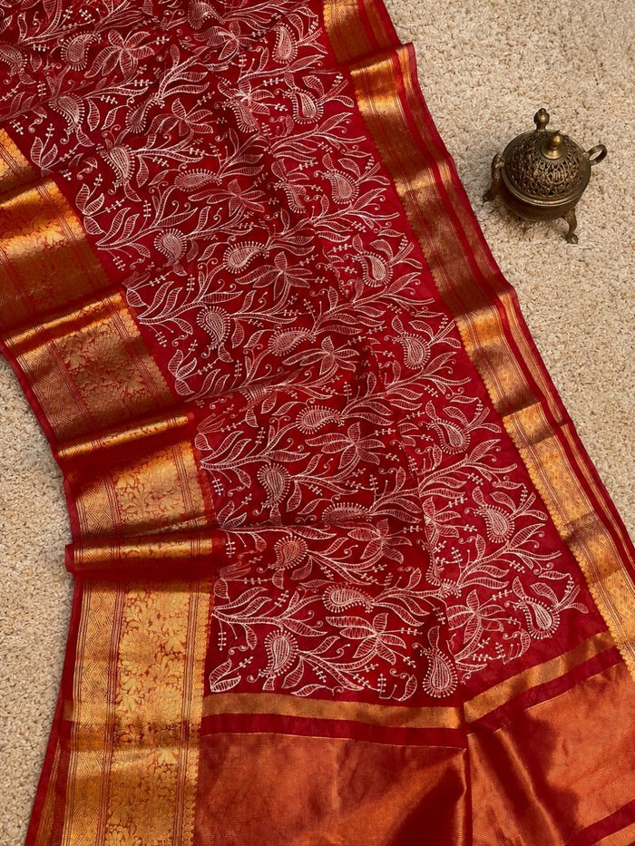 Indiehaat | Red Organza Silk Saree | Embroidery