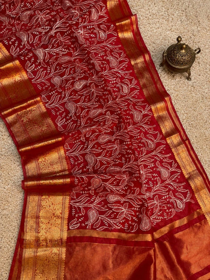 Indiehaat | Red Organza Silk Saree | Embroidery