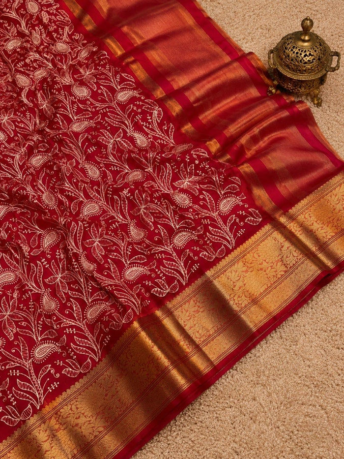 Indiehaat | Red Organza Silk Saree | Embroidery