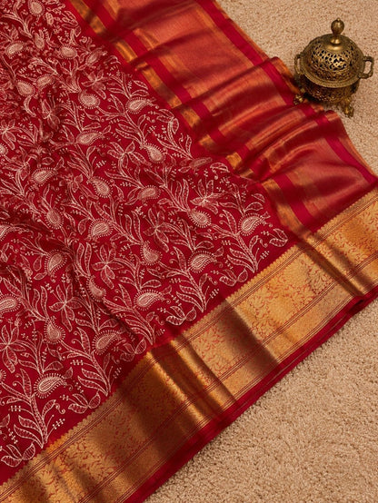 Indiehaat | Red Organza Silk Saree | Embroidery