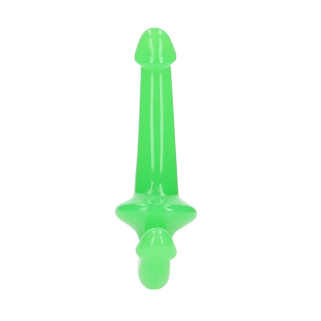 Dildo dublu REALROCK Glow In The Dark Dildo 6”, strap-on fără ham, din TPE, lungime 20 cm, verde fosforescent