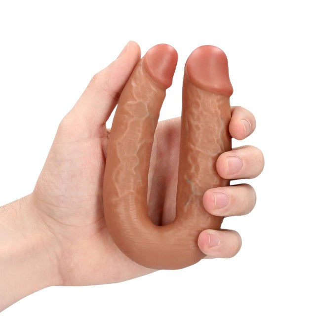 Dildo dublu REALROCK U Shape 5”, pentru dublă penetrare, compatibil cu ham strap-on, design realist, 12.7 cm, caramel