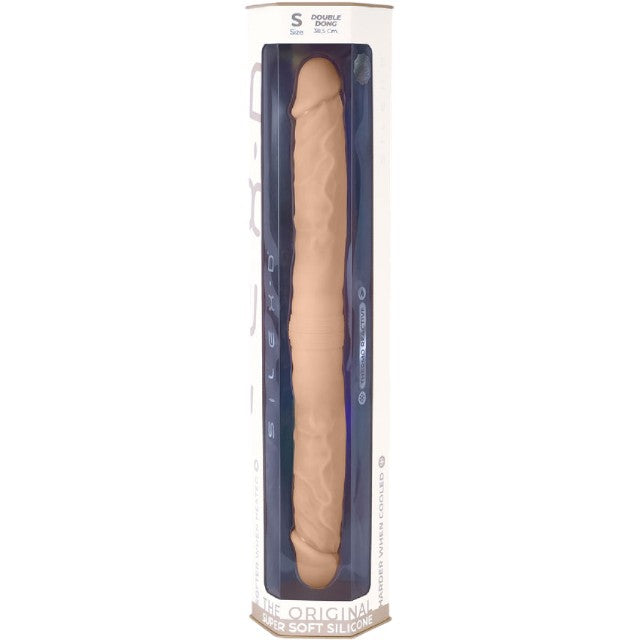 Dildo dublu SILEX-D Double Dong S Size, pentru dublă penetrare, reactiv la căldură, lungime 38.5 cm, culoarea pielii
