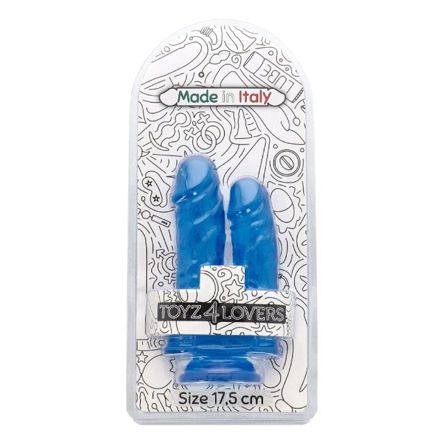 Dildo dublu TOYZ4LOVERS, pentru dublă penetrare, bază cu ventuză pentru fixare, 17.5 cm, culoare albastru