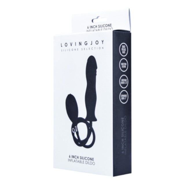 Dildo gonflabil LOVING JOY 6” Silicone Inflatable Dildo, cu pompă pentru umflare, din silicon cu striații, lungime 15 cm, negru