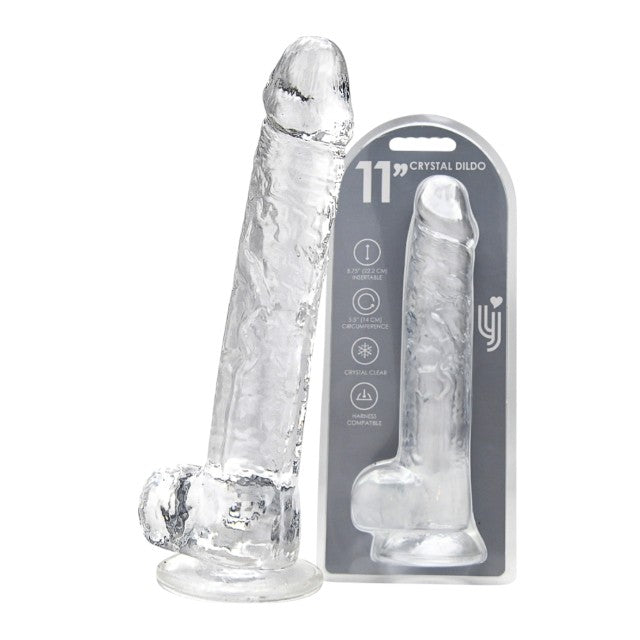 Dildo LOVING JOY 11” Dildo with Balls, design realist cu testicule, bază cu ventuză, lungime 28 cm, transparent