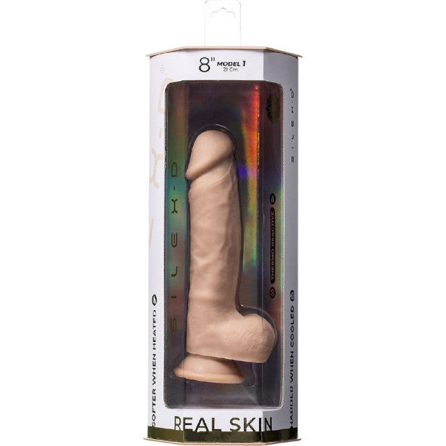 Dildo SILEX-D 8” Model 1, design realist cu testicule, reactiv la căldură, bază cu ventuză, lungime 21 cm, culoarea pielii