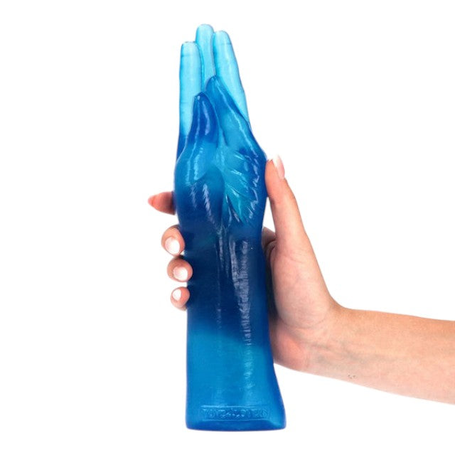 Dildo TOYZ4LOVERS Extreme Mania, în formă de mână, pentru fisting, lungime 28 cm, diametru 6.5 cm, albastru transparent