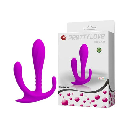 Dildo triplu PRETTY LOVE Edgar, pentru stimulare vaginală și anală, din silicon moale, lungime 11.5 cm, culoare mov