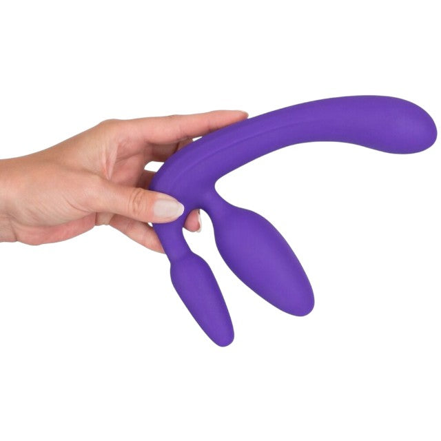 Dildo triplu YOU2TOYS Strapless Strap-On, strap-on fără ham cu plug anal integrat, culoare mov, lungime 20 cm