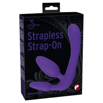 Dildo triplu YOU2TOYS Strapless Strap-On, strap-on fără ham cu plug anal integrat, culoare mov, lungime 20 cm