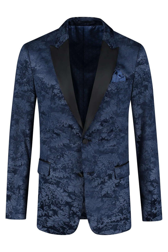 Dinnerjacket paisley velvet blauw met blauw paisley patroon en satijnen sjaalkraag.