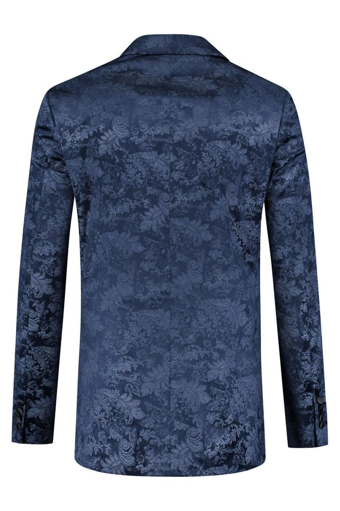 Dinnerjacket paisley velvet blauw, elegante achterkant met blauw paisley patroon en satijnen afwerking.
