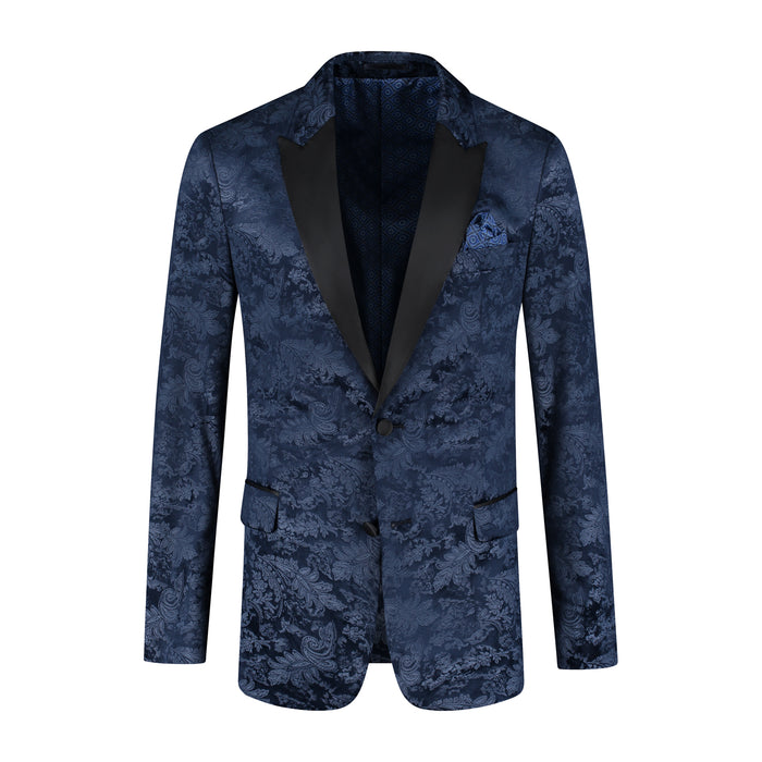 Dinnerjacket paisley velvet blauw met blauw paisley patroon en satijnen sjaalkraag.