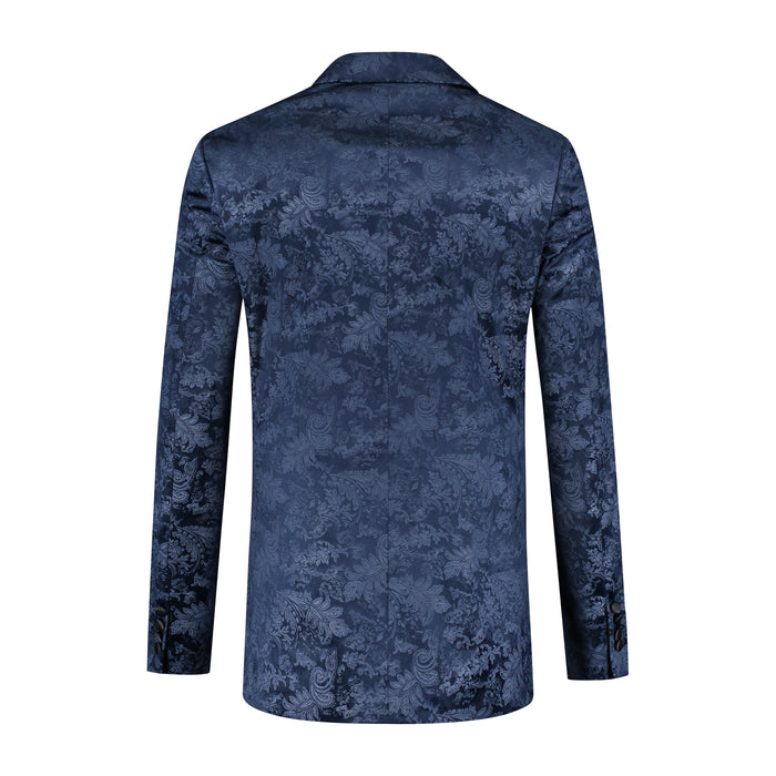 Dinnerjacket paisley velvet blauw achterkant met satijnen sjaalkraag en paisley patroon.