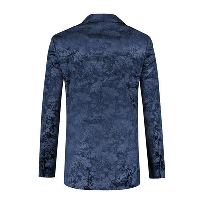 Dinnerjacket paisley velvet blauw achterkant met satijnen sjaalkraag en paisley patroon.