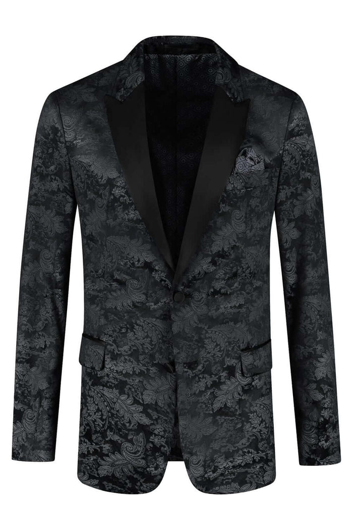 Dinnerjacket paisley velvet zwart met satijnen sjaalkraag en verfijnde voering in diepzwart.