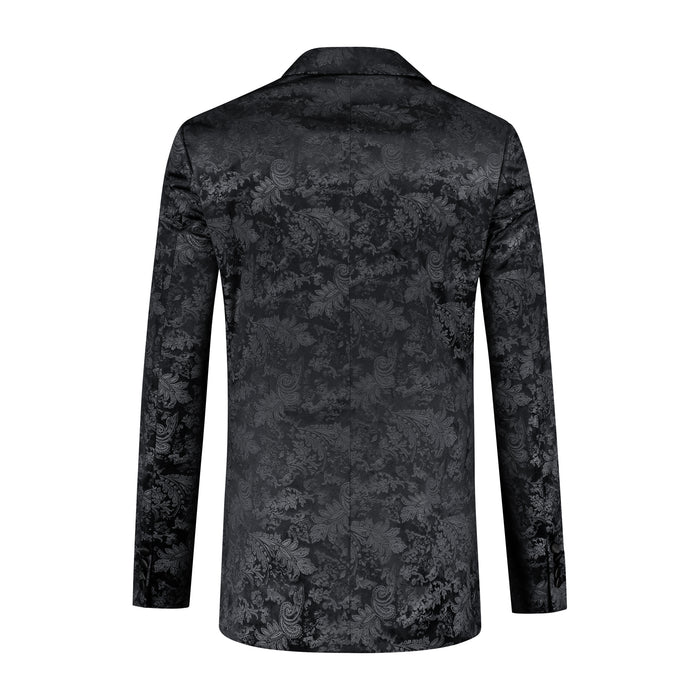 Dinnerjacket paisley velvet zwart, diepzwart paisley dinerjasje met satijnen sjaalkraag, achteraanzicht