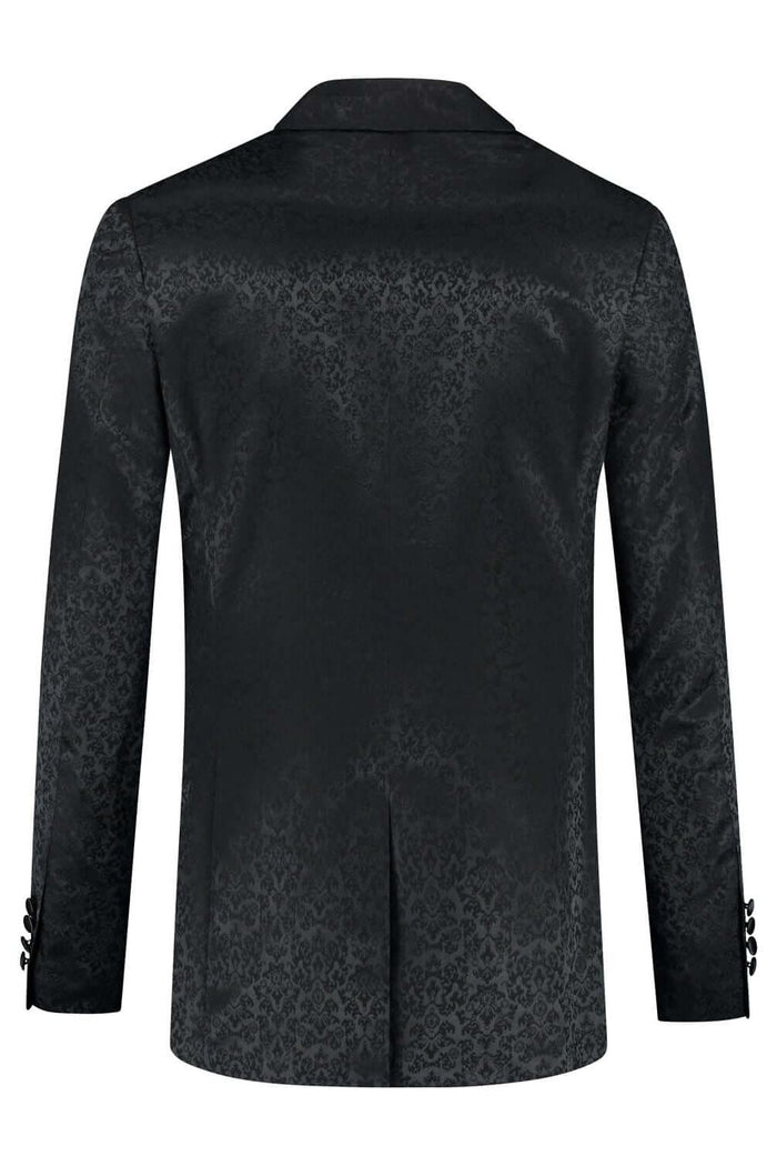 Dinnerjacket paisley zwart - achteraanzicht van elegant zwart dinerjasje met paisley jacquard.