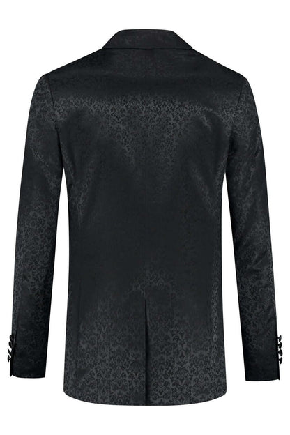 Dinnerjacket paisley zwart - achteraanzicht van elegant zwart dinerjasje met paisley jacquard.