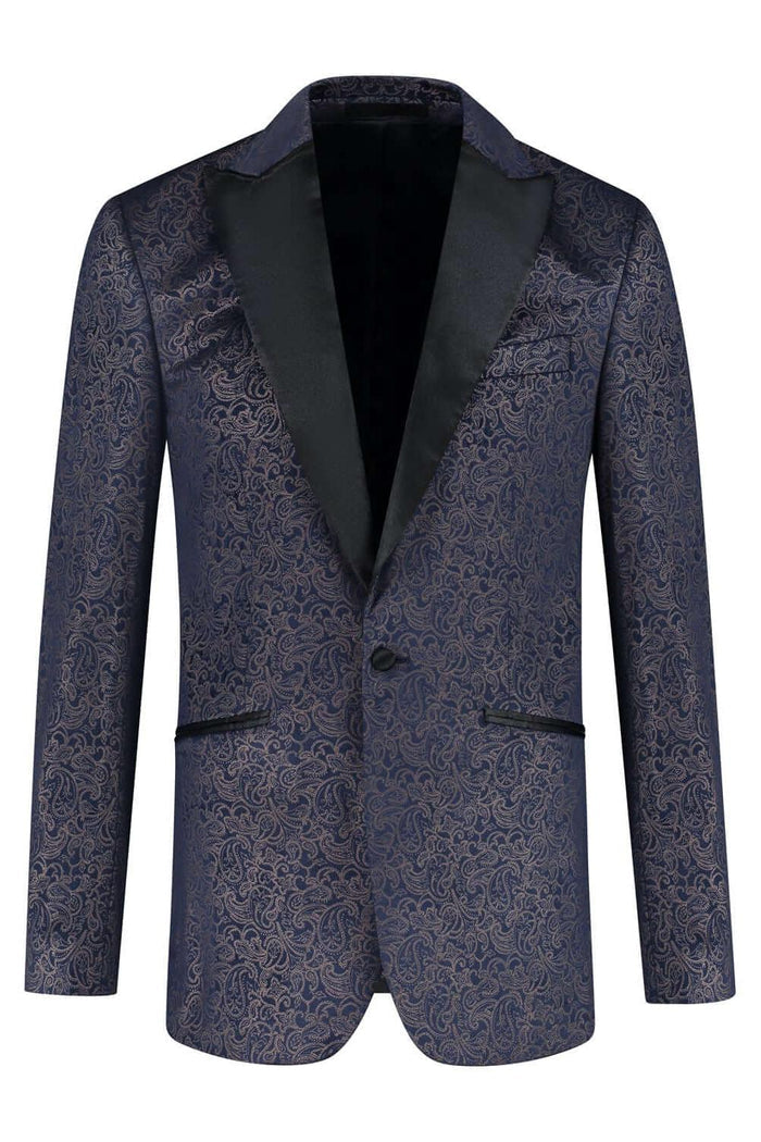 Dinnerjacket velvet paisley blauw - elegante dinerjasje met paisley patroon en knoopsluiting in blauw.
