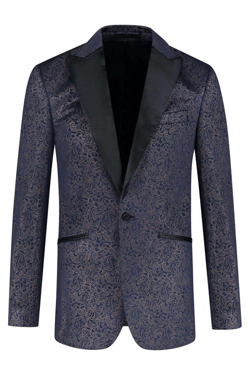Dinnerjacket velvet paisley blauw - elegante dinerjasje met paisley patroon en knoopsluiting in blauw.