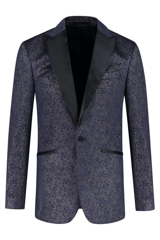Dinnerjacket velvet paisley blauw - elegante dinerjasje met paisley patroon en knoopsluiting in blauw.