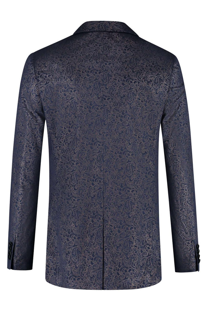 Elegant achteraanzicht van het Dinnerjacket velvet paisley blauw met paisley patroon.