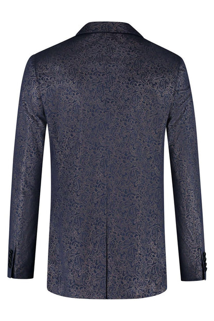 Elegant achteraanzicht van het Dinnerjacket velvet paisley blauw met paisley patroon.