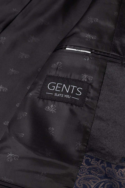 Inside label of Dinnerjacket velvet paisley blauw showing GENTS SUITS YOU.
