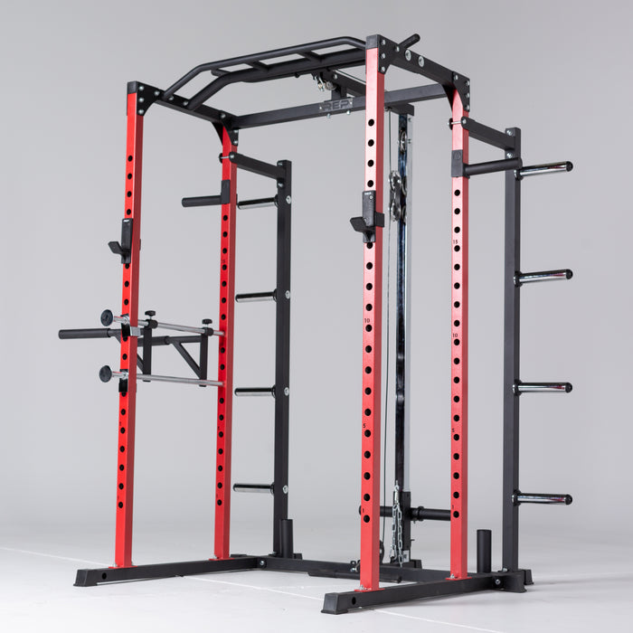 REP Fitness Dip Station for the 1000 Series racks pictured on a full rack setup