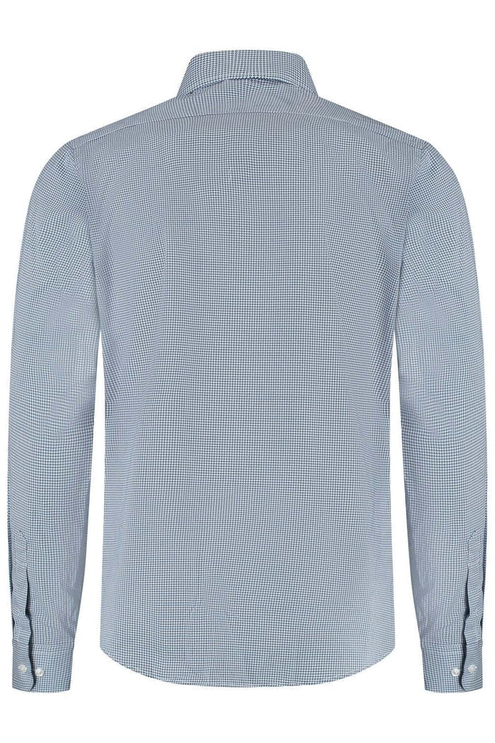 Dotprint blauw-wit klassiek katoenen overhemd met subtiel blauw-wit puntjespatroon, achteraanzicht.