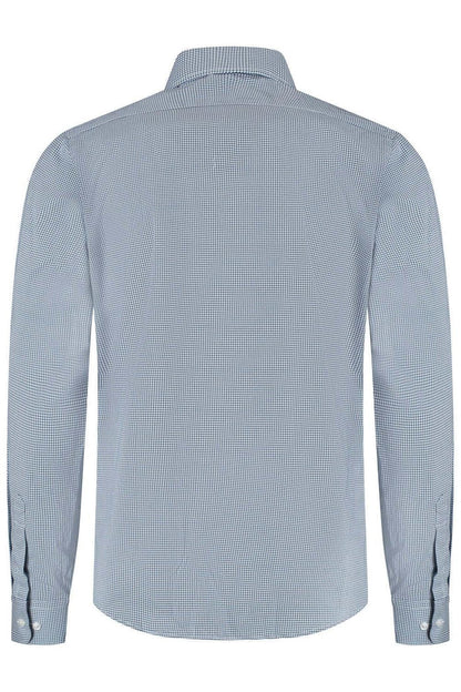Dotprint blauw-wit klassiek katoenen overhemd met subtiel blauw-wit puntjespatroon, achteraanzicht.