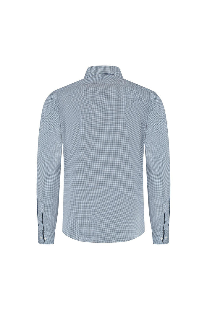 A classic cotton shirt featuring a subtle blue and white dotprint blauw-wit pattern from the back view.