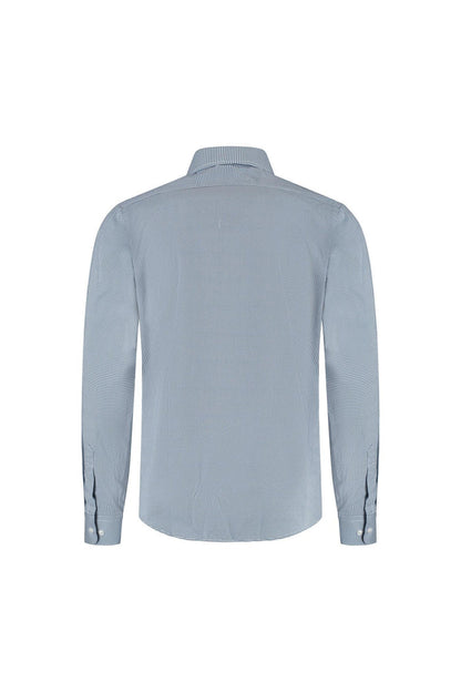 A classic cotton shirt featuring a subtle blue and white dotprint blauw-wit pattern from the back view.
