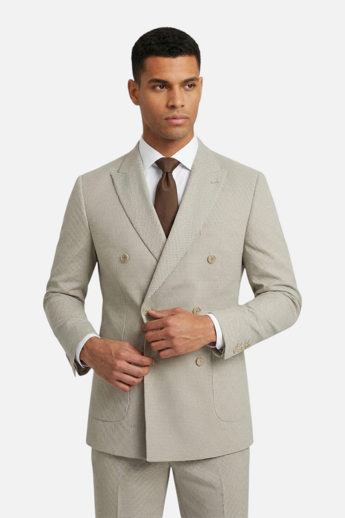 Double-breasted pied-de-poule beige jas met knopen, stijlvol en modern voor elke gelegenheid.