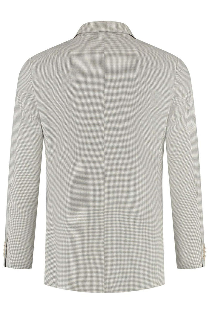 Double-breasted pied-de-poule beige jasje achterkant met knopen en elegante structuur