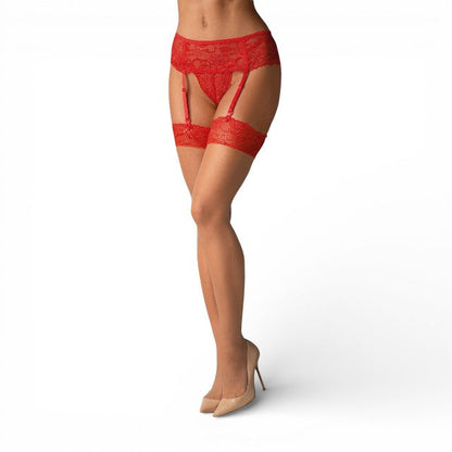 Dresuri sexy OBSESSIVE, pentru portjartier, cu benzi din dantelă roșie, culoarea pielii, mărime L/XL (model 838-STO-3)