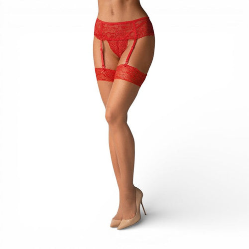 Dresuri sexy OBSESSIVE, pentru portjartier, cu benzi din dantelă roșie, culoarea pielii, mărime L/XL (model 838-STO-3)