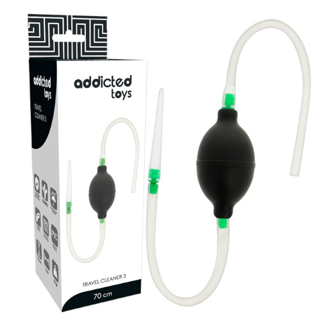 Duș anal cu tub de golire ADDICTED TOYS Travel Cleaner 3, din material flexibil și hipoalergenic, negru cu verde, 70 cm