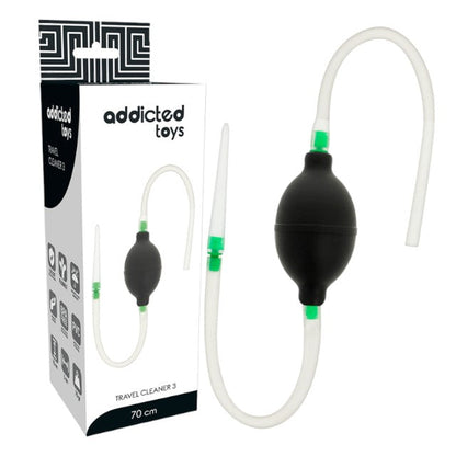 Duș anal cu tub de golire ADDICTED TOYS Travel Cleaner 3, din material flexibil și hipoalergenic, negru cu verde, 70 cm