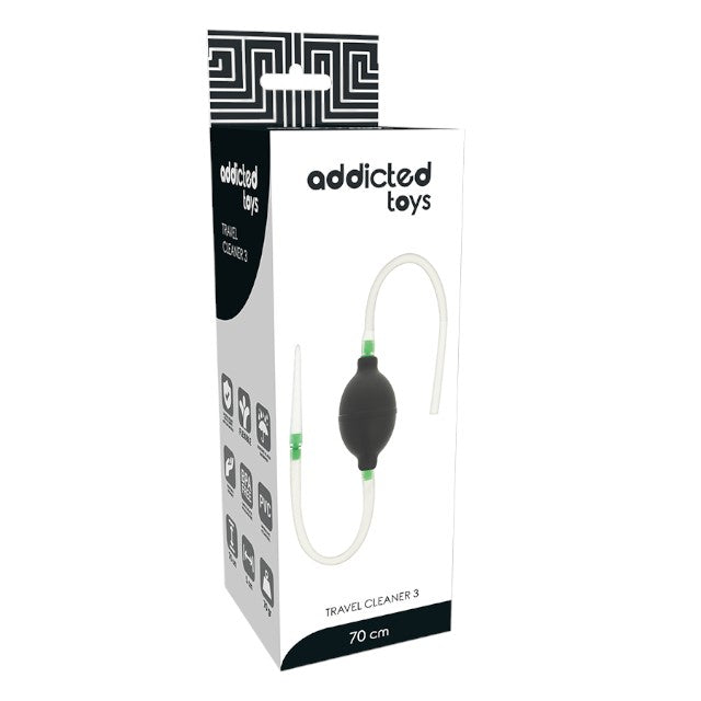 Duș anal cu tub de golire ADDICTED TOYS Travel Cleaner 3, din material flexibil și hipoalergenic, negru cu verde, 70 cm