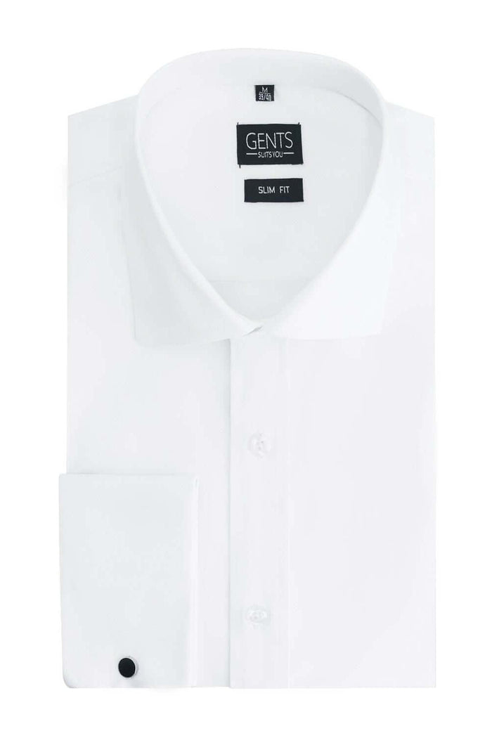 Dubbele manchet bamboe wit overhemd met dubbele manchetten, ademend en kreukvrij, slim fit, wit.